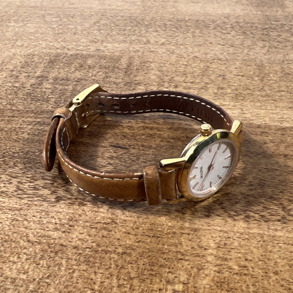 Bulova Women's Analog Brown Genuine Leather Gold Tone Quartz Watch Needs Battery - Picture 6 of 16